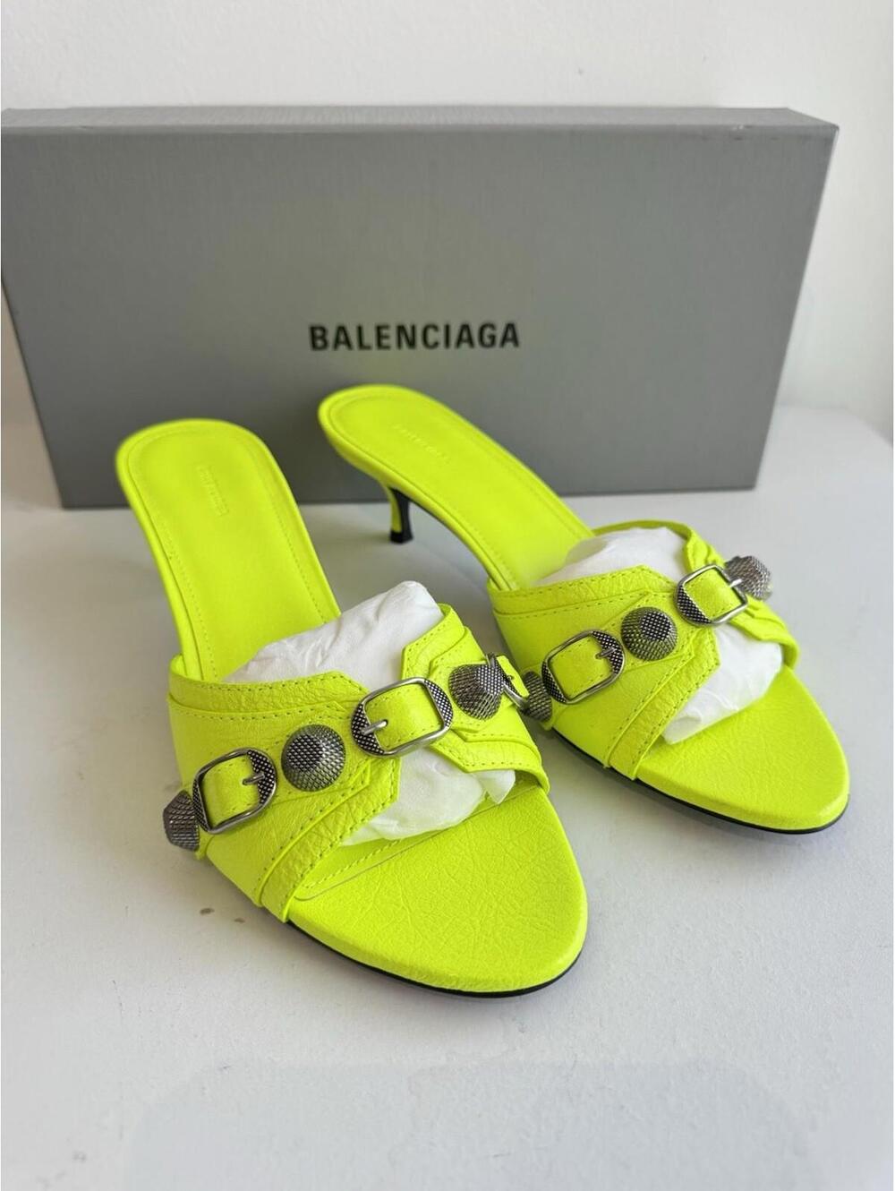Balenciaga Neon Yellow Leather Le Cagole Studded Slide Sandals Size 38